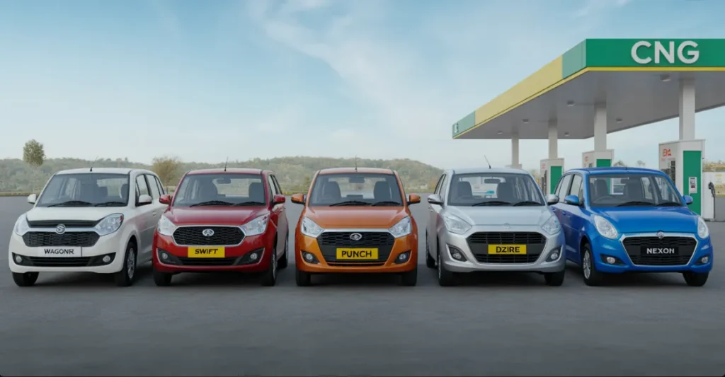 Five different colored Indian cars (WagonR white, Swift red, Punch orange, Dzire silver, Nexon blue) lined up at a CNG filling station in India.