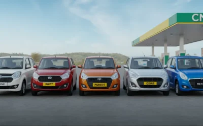 Five different colored Indian cars (WagonR white, Swift red, Punch orange, Dzire silver, Nexon blue) lined up at a CNG filling station in India.