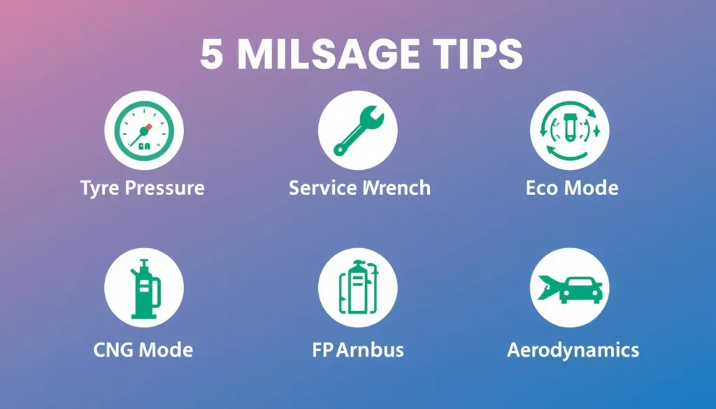 Flat-design illustration showing 5 mileage tips