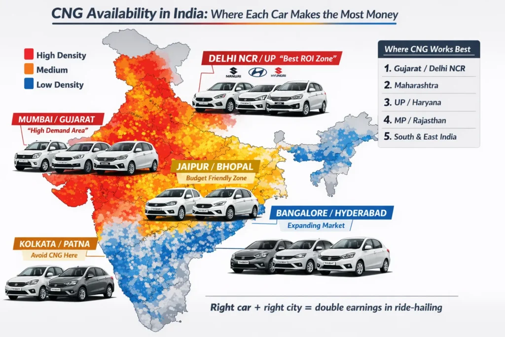 India map infographic showing CNG station density across major cities with car recommendations overlaid per region