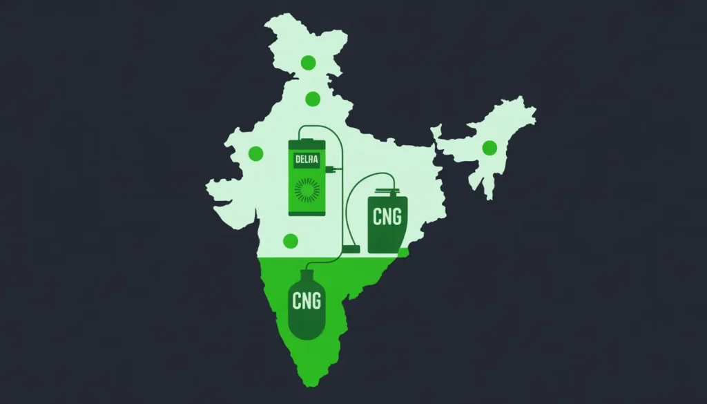 best CNG cars for daily use. India map infographic showing CNG station hotspots glowing green in Delhi