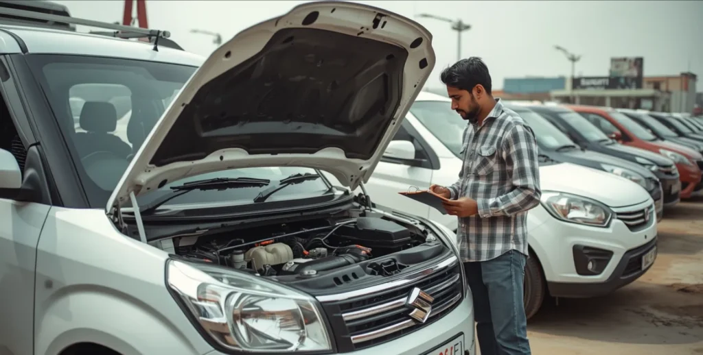 Indian man (30 years old, casual outfit) inspecting engine bay of a white Maruti WagonR at a used car dealer lot