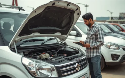 Indian man (30 years old, casual outfit) inspecting engine bay of a white Maruti WagonR at a used car dealer lot
