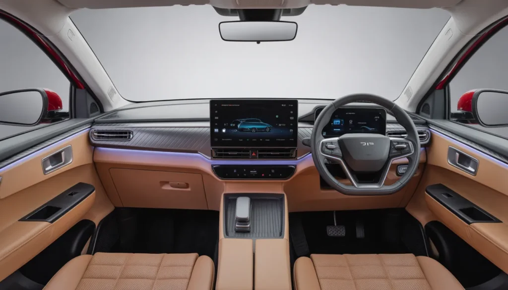 Interior shot of Jetour T2 showing the massive 15.6-inch touchscreen, 10.25-inch digital cluster, panoramic sunroof, and premium leather seats with ambient lighting on