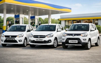 Maruti Alto K10 CNG, Celerio, and S-Presso parked together in white colour at a petrol station