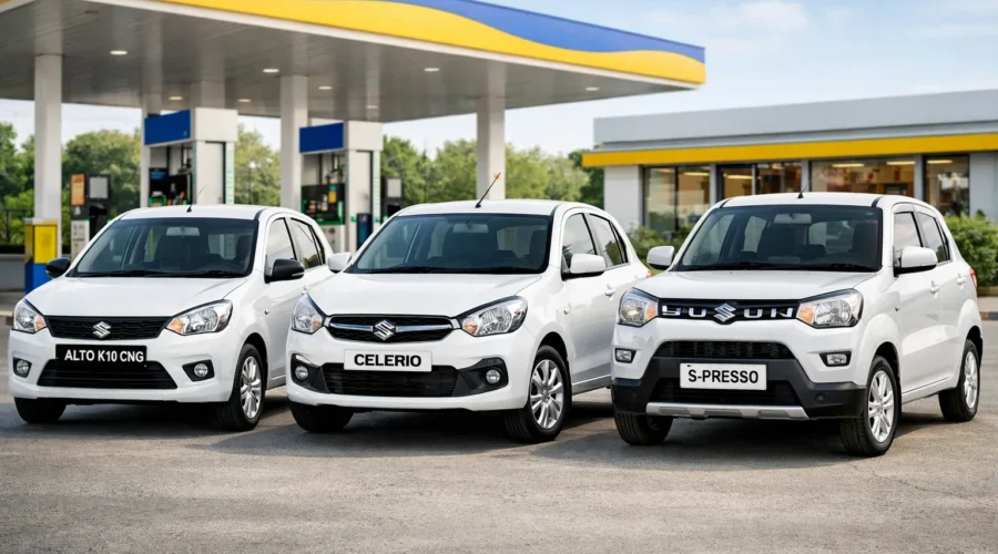 Maruti Alto K10 CNG, Celerio, and S-Presso parked together in white colour at a petrol station