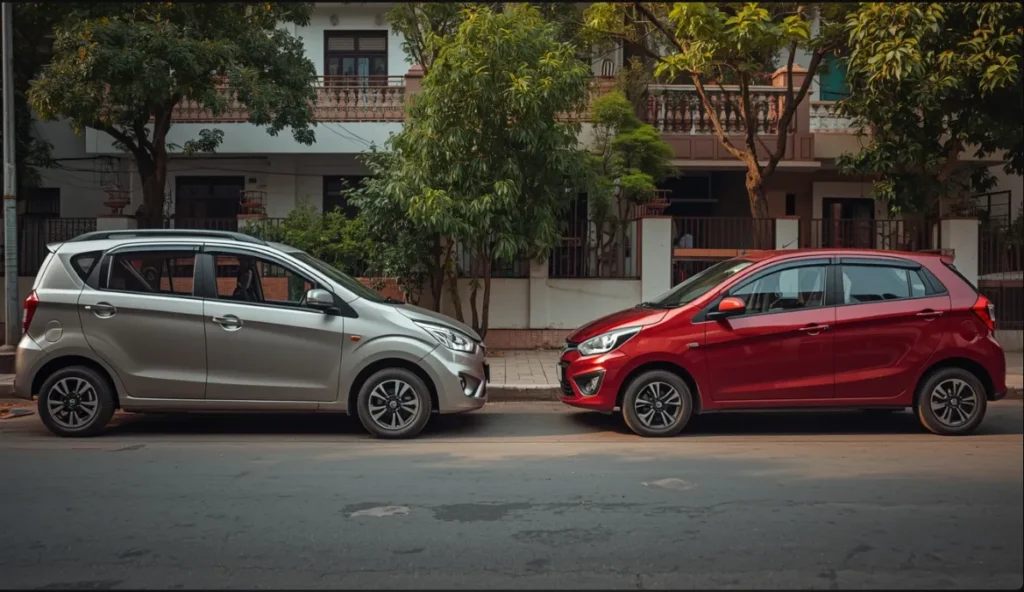 cheapest automatic car in India. Maruti WagonR in silver and Maruti Celerio in red parked side by side on an Indian residential street