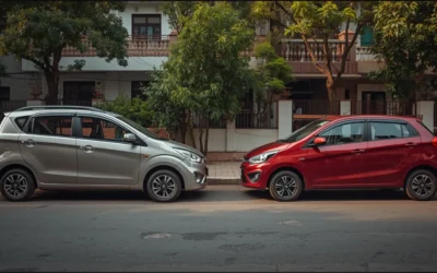 cheapest automatic car in India. Maruti WagonR in silver and Maruti Celerio in red parked side by side on an Indian residential street