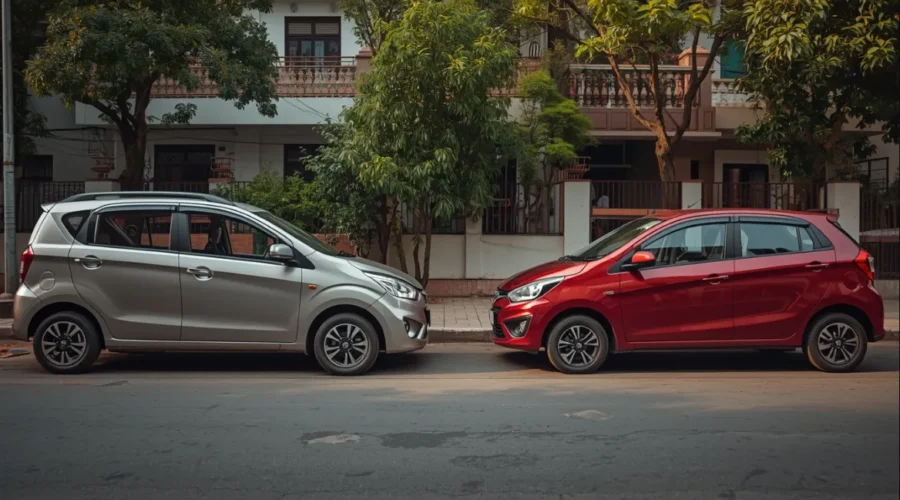 cheapest automatic car in India. Maruti WagonR in silver and Maruti Celerio in red parked side by side on an Indian residential street