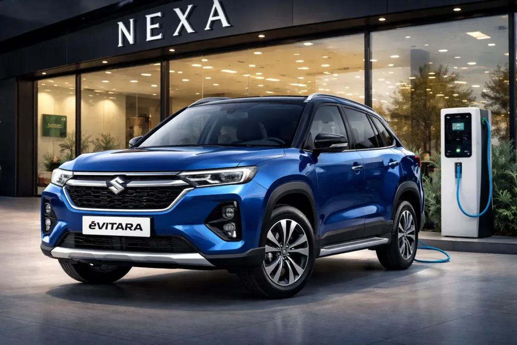 Maruti eVitara in Nexa Blue colour, three-quarter front angle, at a Nexa showroom with charging station visible