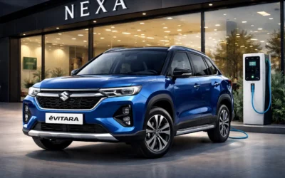 Maruti eVitara in Nexa Blue colour, three-quarter front angle, at a Nexa showroom with charging station visible