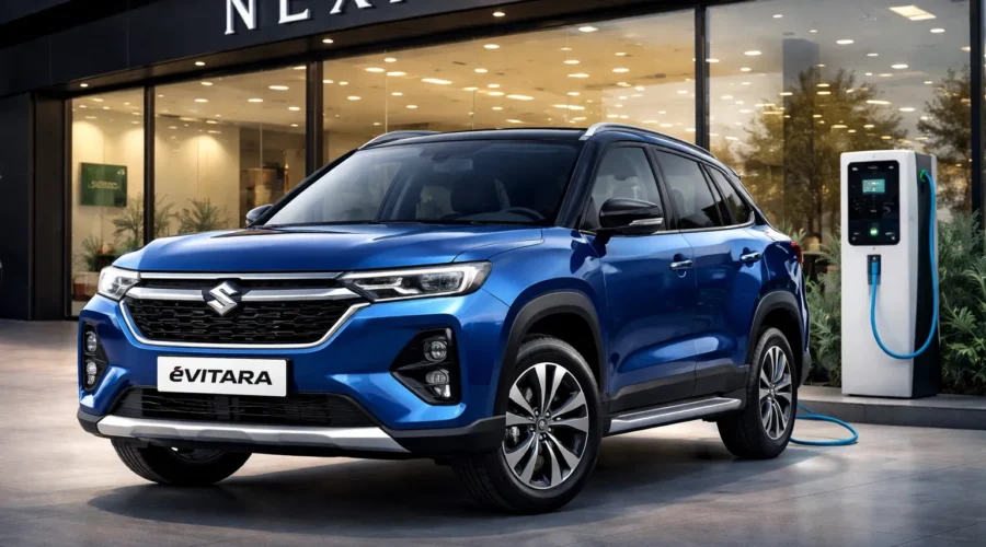 Maruti eVitara in Nexa Blue colour, three-quarter front angle, at a Nexa showroom with charging station visible