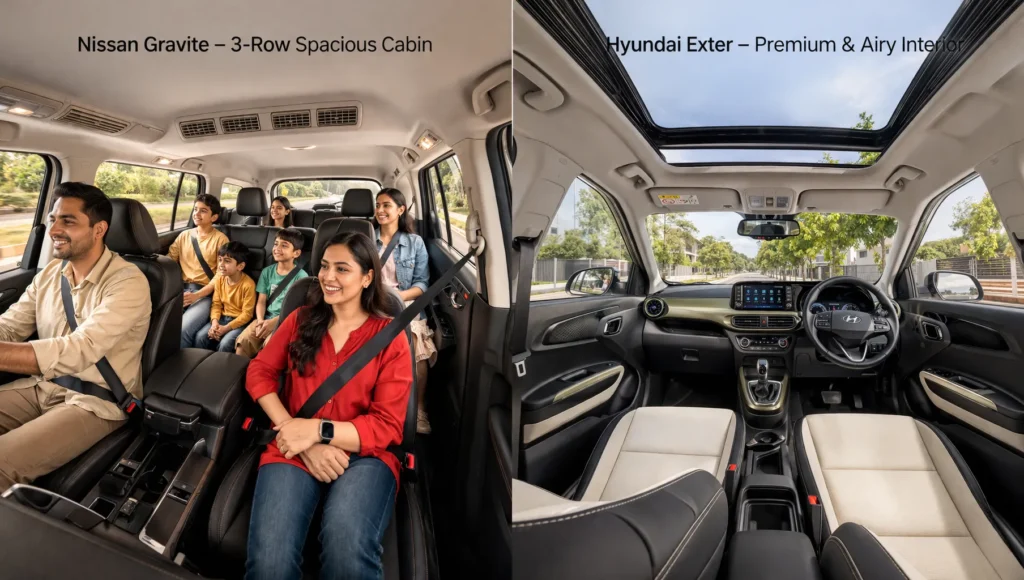  Nissan Gravite cabin showing all 3 rows of seats with family sitting (left) vs Hyundai Exter interior showing premium dashboard with sunroof open (right)