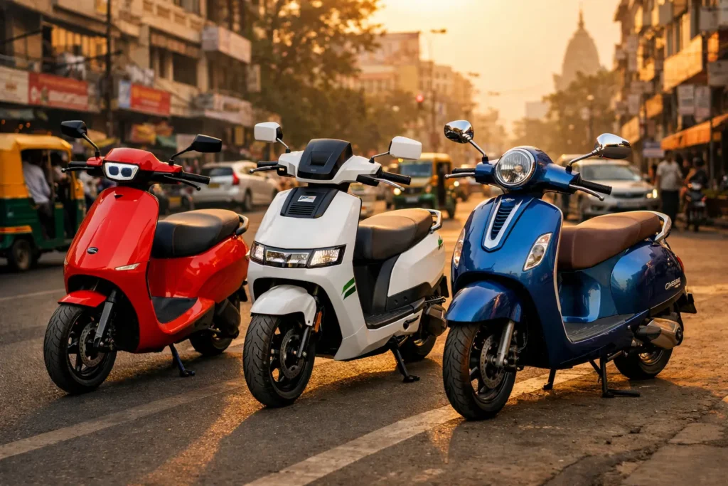 Ola, TVS, Bajaj lineup — Indian city street