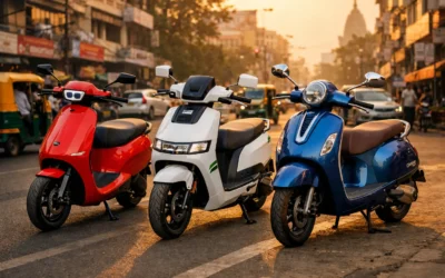 Ola, TVS, Bajaj lineup — Indian city street