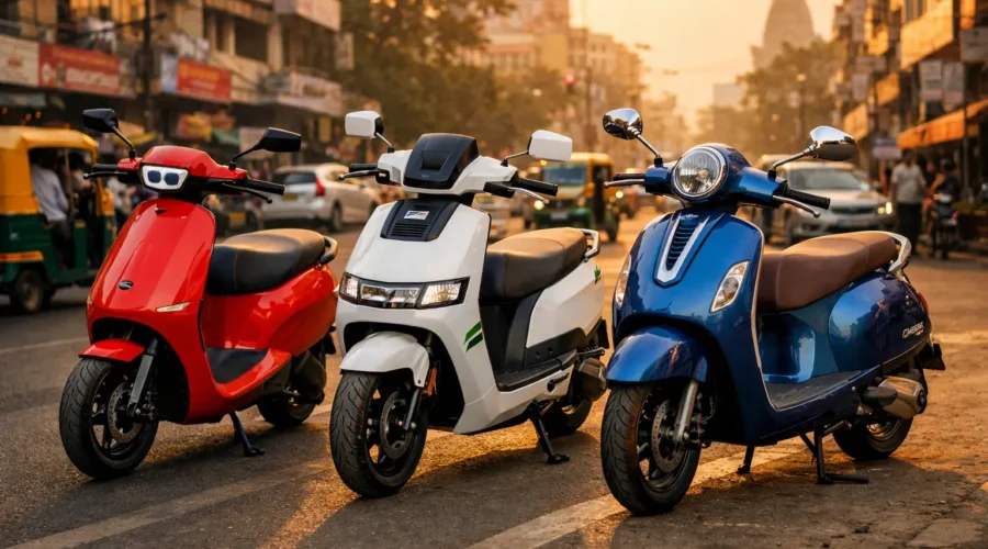 Ola, TVS, Bajaj lineup — Indian city street