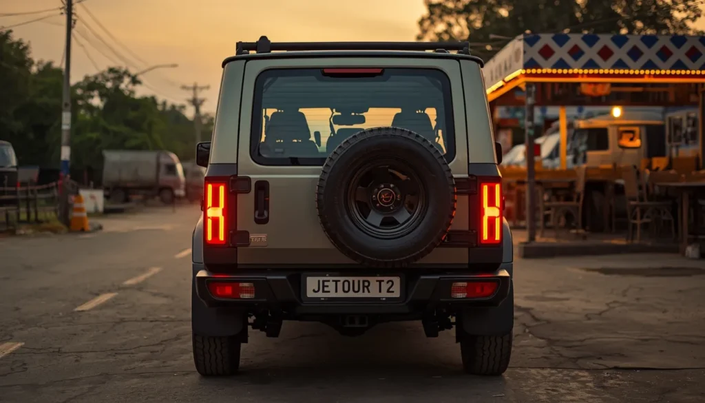 Rear shot of Jetour T2 showing the tailgate-mounted spare wheel, vertical LED tail lamps, and boxy rear design