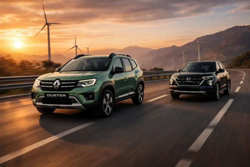 Renault Duster vs Hyundai Creta 2026. Renault Duster (front) and Hyundai Creta (behind) driving on an Indian highway with wind turbines in background