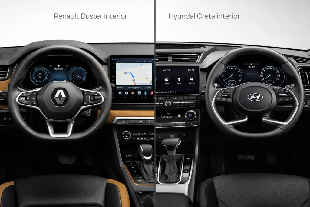 Renault Duster interior dashboard (left, showing OpenR Link dual-screen setup) vs Hyundai Creta interior