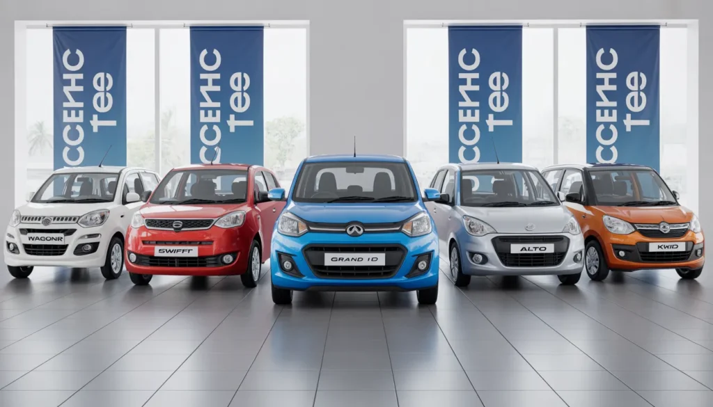 best second hand car under 3 lakh. Row of 5 different colored used hatchbacks (white WagonR, red Swift, blue Grand i10, silver Alto, orange Kwid) in a certified pre-owned car showroom in India