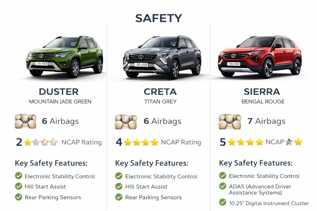 Renault Duster vs Hyundai Creta vs Tata Sierra 2026. Safety comparison infographic — airbag count, NCAP ratings, key safety features for all three SUVs in a clean visual format