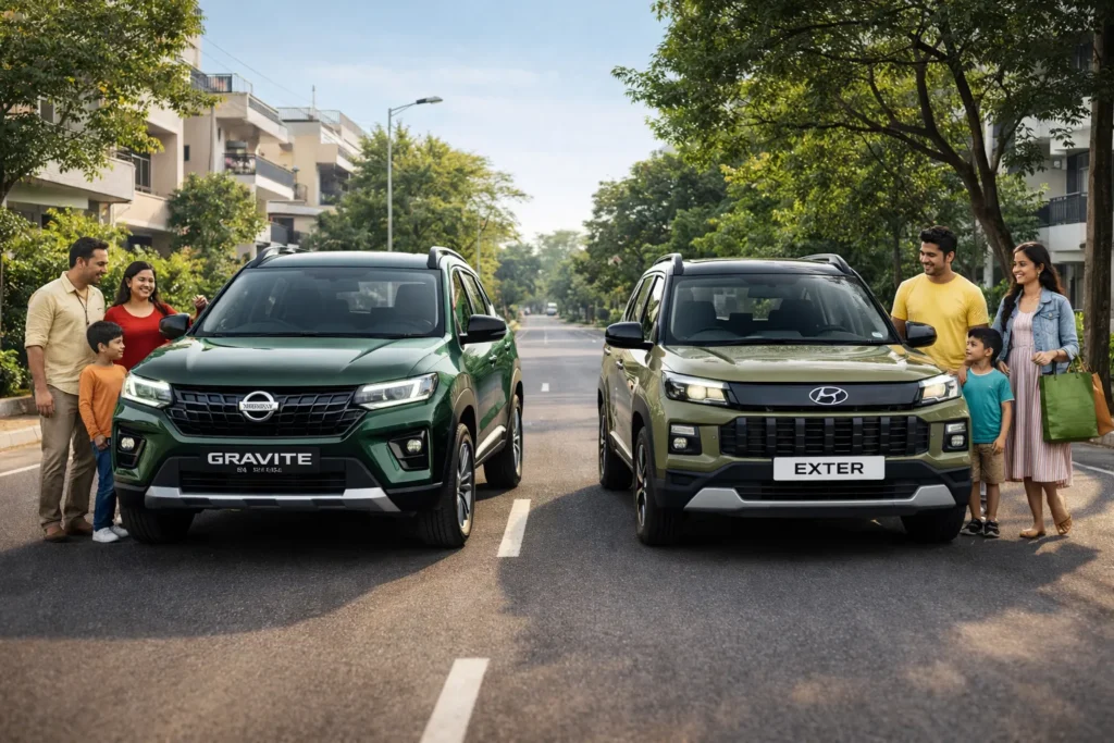 Side-by-side shot of Nissan Gravite (Forest Green) and Hyundai Exter