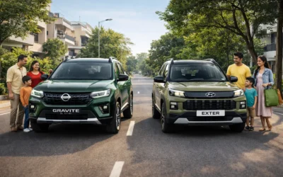 Side-by-side shot of Nissan Gravite (Forest Green) and Hyundai Exter