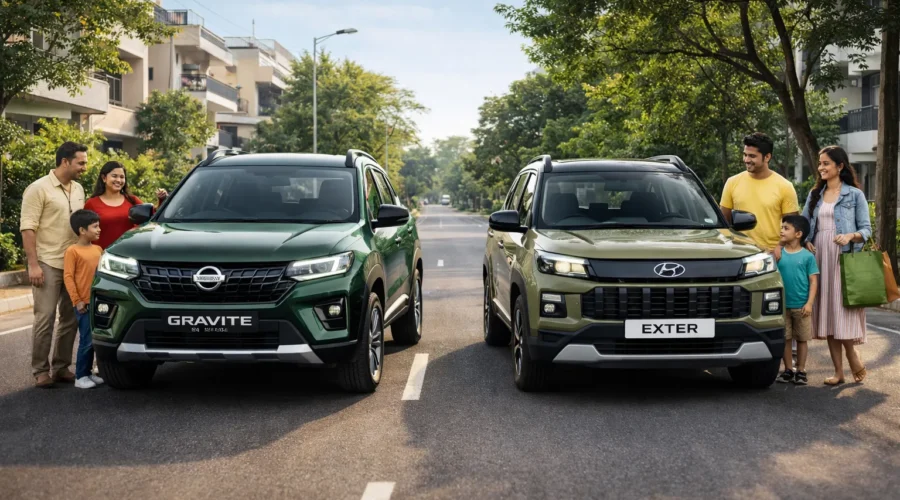Side-by-side shot of Nissan Gravite (Forest Green) and Hyundai Exter