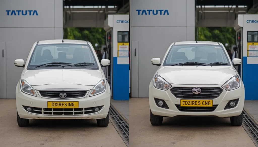 Side-by-side photo of Tata XPRES CNG and Maruti Dzire Tour S CNG in white colour