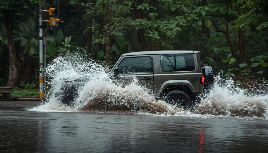 Side profile shot of JSW Jetour T2 driving through a waterlogged Indian road