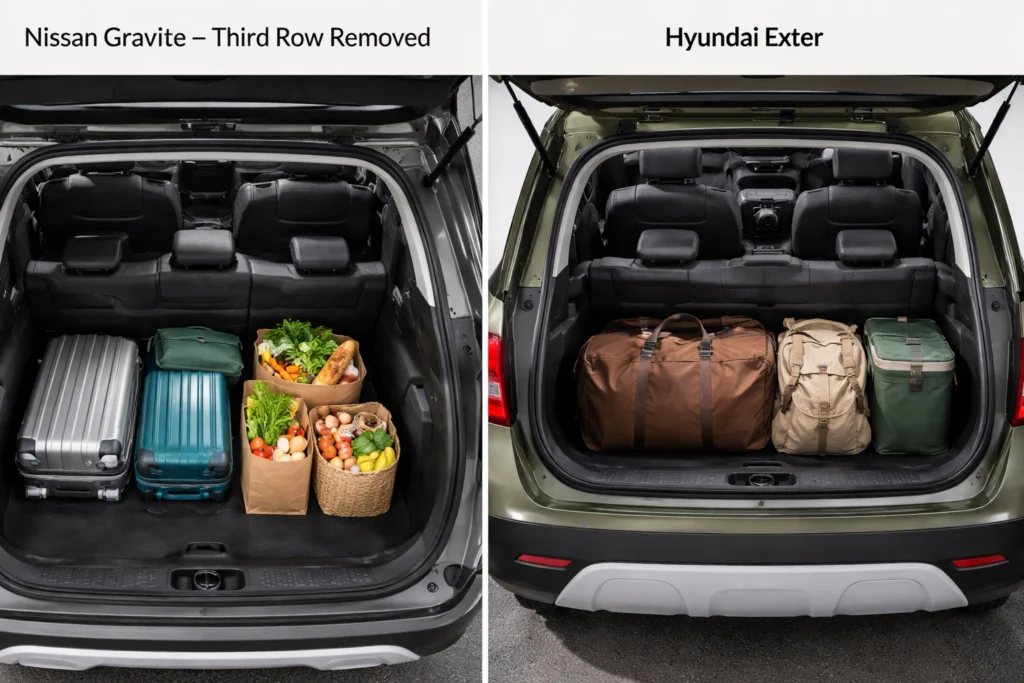 Top-down overhead view showing Nissan Gravite with third row removed and boot loaded with suitcases and grocery bags (left) vs Hyundai Exter boot loaded with bags (right).