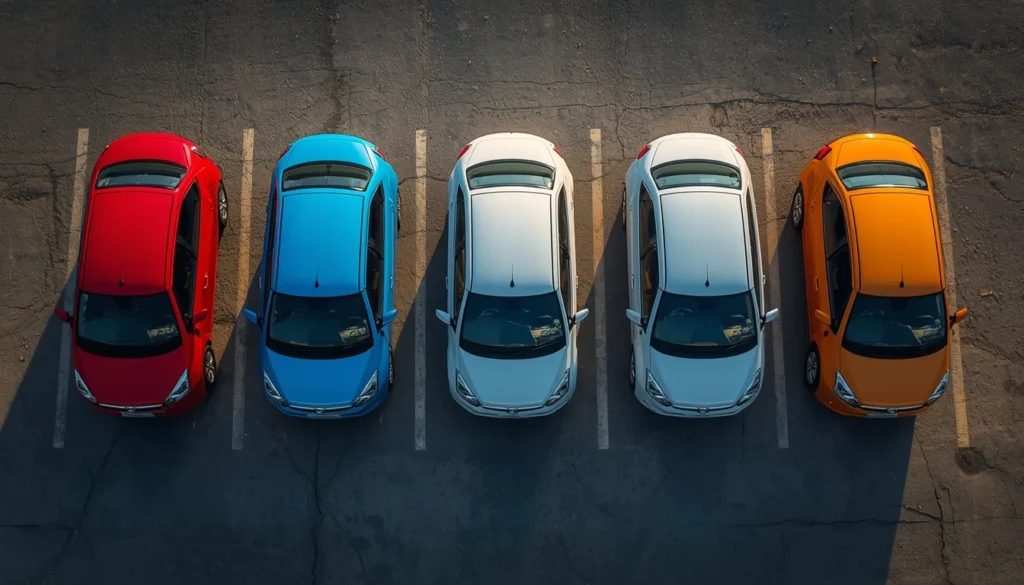 Top-down aerial view of 5 small Indian hatchbacks