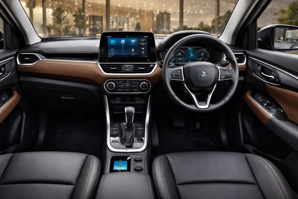 eVitara dashboard showing dual-screen layout, brown leatherette centre panel, physical HVAC controls, and floating centre console