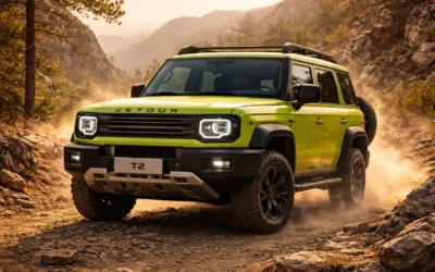 front shot of Jetour T2 in Lime Green colour on a rugged Indian mountain trail with dust and rocks