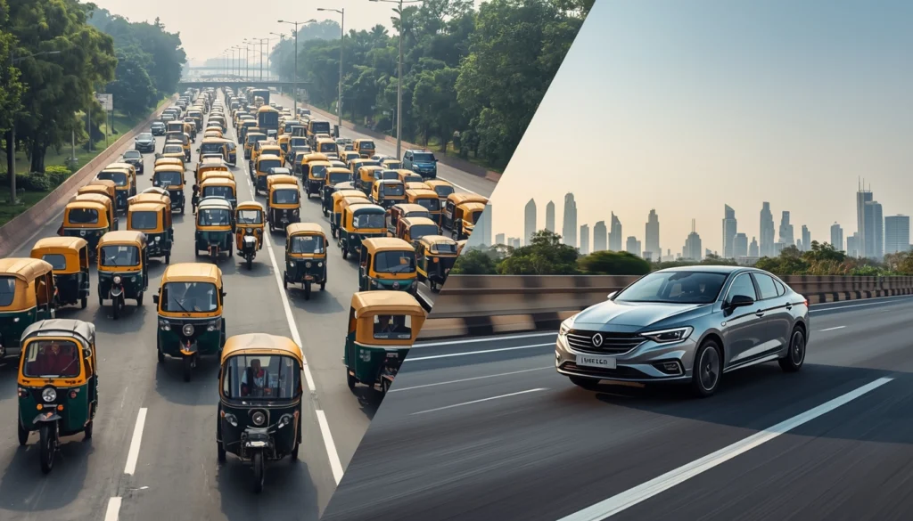 heavy bumper-to-bumper traffic on a typical NCR road with auto-rickshaws and cars
