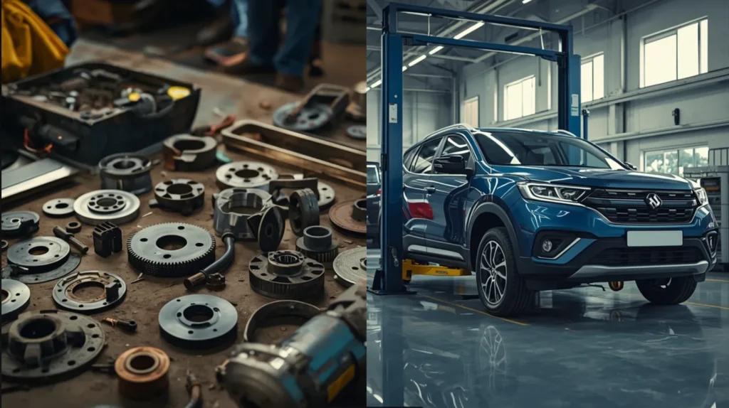 lowest maintenance car in India. left side showing a Maruti workshop mechanic with cheap spare parts laid out