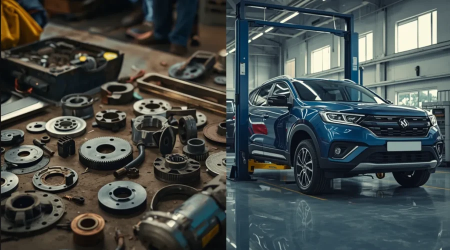 lowest maintenance car in India. left side showing a Maruti workshop mechanic with cheap spare parts laid out