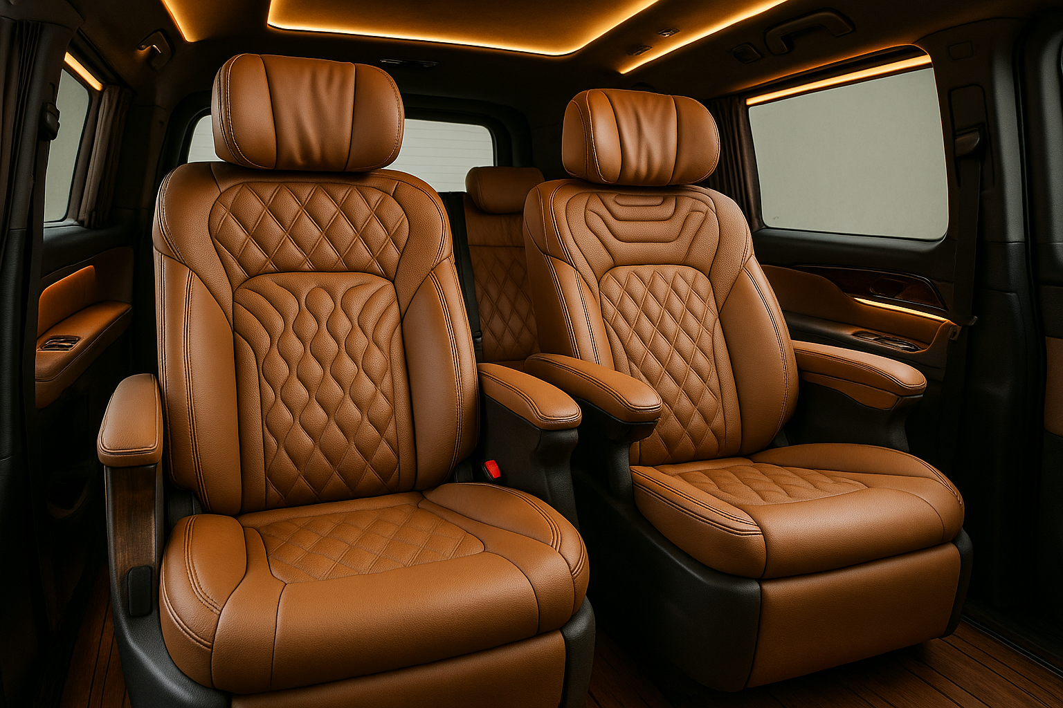 Luxury MPV interior with captain seats and ambient lighting