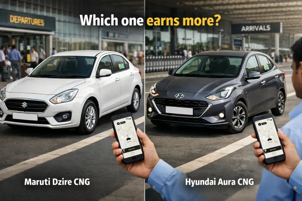 screen showing a white Maruti Dzire CNG and Hyundai Aura CNG parked at an airport pickup zone