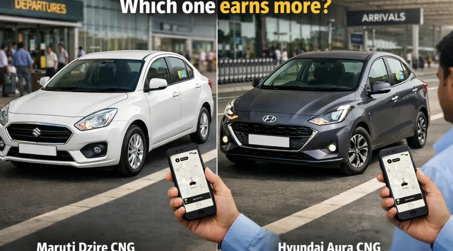 screen showing a white Maruti Dzire CNG and Hyundai Aura CNG parked at an airport pickup zone