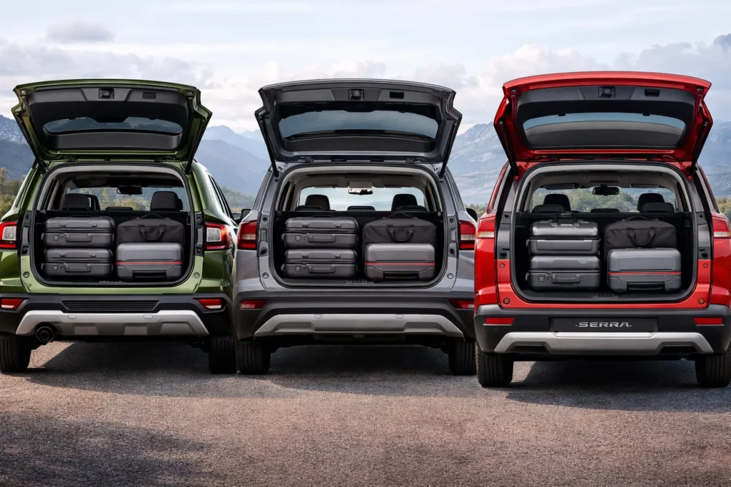 three boots open side-by-side with identical luggage sets