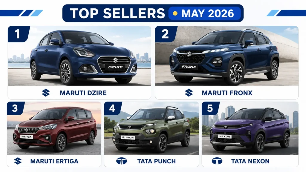 Best selling cars in India May 2026 - top 5 ranking Dzire Fronx Ertiga Punch Nexon
