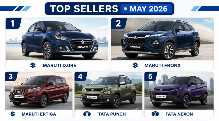 Best selling cars in India May 2026 - top 5 ranking Dzire Fronx Ertiga Punch Nexon
